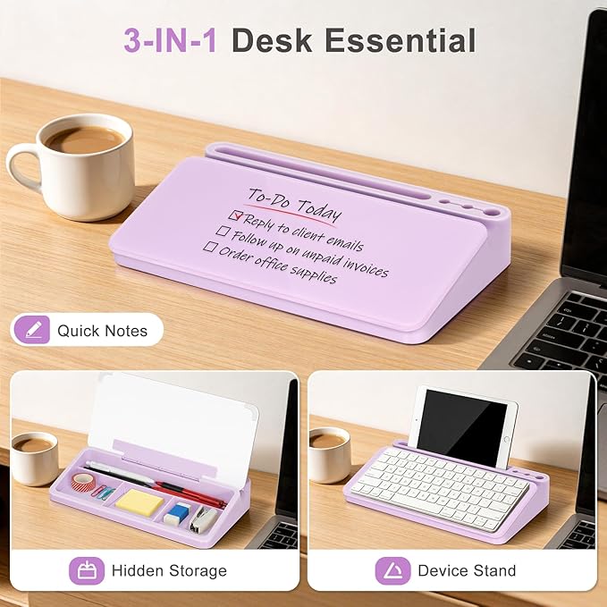 WALGLASS Small Desktop Whiteboard with Storage, Glass Desk Dry Erase White Board Computer Keyboard Stand with Drawer, Desk Organizers with Accessories for Office, Home, School Supplies Purple