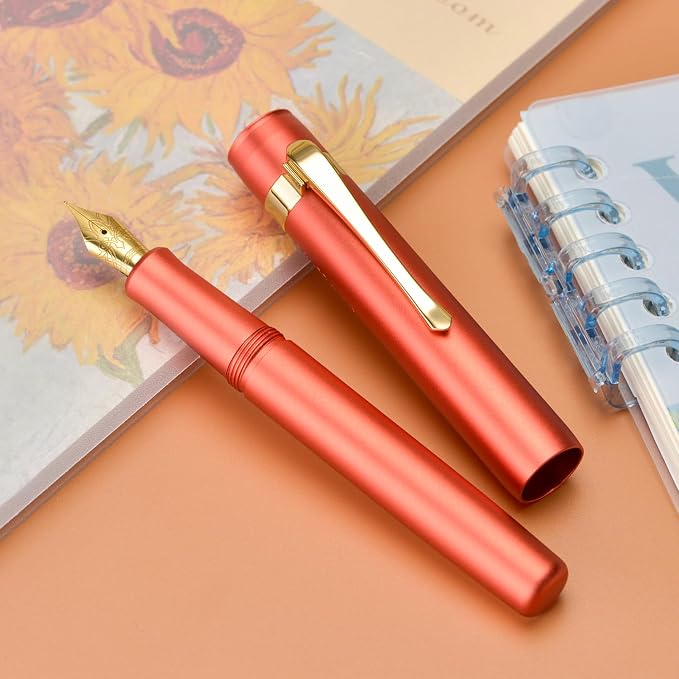 HONG DIAN M2 Black Forest Mini Fountain Pen, Fine Soft Golden Nib & Sleek Shape Aluminium Short Pocket Travel Pen (Orange Red)
