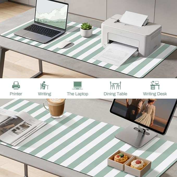 Striped Desk Mat Cute XXL Large Mouse Pad PU Leather Green Striped Desk Pad with Non-Slip Rubber Base, Home Office Decor Keyboard Pad Mouse Mat for Computer Laptop