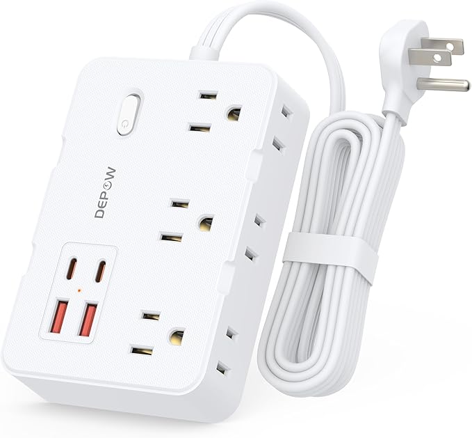 DEPOW Surge Protector Power Strip with Flat Plug, 5 FT Extension Cord with 6 AC Outlets 4 USB Ports(2 USB-C),1050J Surge Protection, Wall Mountable Charging Station for Office, Home, White