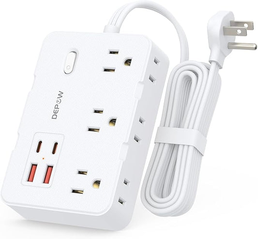 DEPOW Surge Protector Power Strip with Flat Plug, 5 FT Extension Cord with 6 AC Outlets 4 USB Ports(2 USB-C),1050J Surge Protection, Wall Mountable Charging Station for Office, Home, White