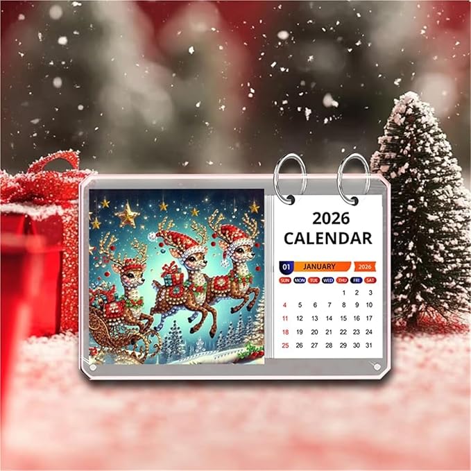 Calendar Desk Calendar Creative Design Acrylic Diamond Art Painting Monthly Flip Tabletop Calendars Office Cubicle Decor(Deer)