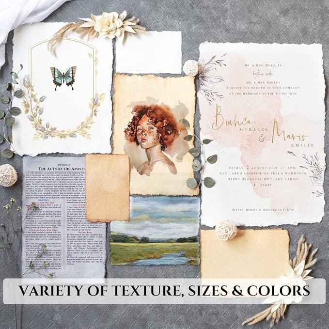 50 Sheets - Rough/Textured Watercolor Paper - 8 X6 inches(150GSM) - Handmade/Deckle Edge Paper Made from Virgin Egyptian Cotton - White by Leather Village
