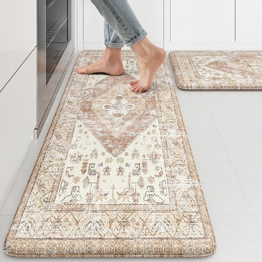 KIMODE Farmhouse Kitchen Mats Cushioned Anti Fatigue Khaki Kitchen Rugs Sets of 2, Non Slip Waterproof Kitchen Floor Mats, Ergonomic MemoryFoam Standing Mat for Laundry Room Decor, Office, Sink, Desk