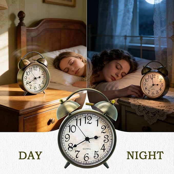 Vintage Twin Bell Alarm Clock - 4.5'' Non-Ticking Analog Desk Clock | Silent Antique Brass Finish, Retro Table Clock for Bedroom Office Home Decor, Battery Operated Loud Alarm for Heavy Sleepers