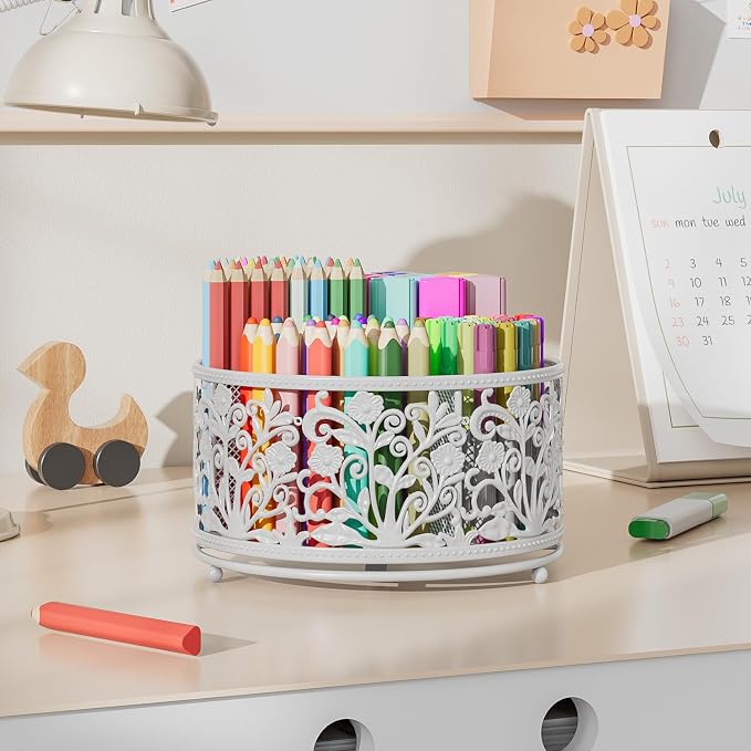 EKNITEY Rotating Mesh Desk Organizer - 4 Slots Cute Pen Pencil Holder Caddy | Sturdy Metal, 360°Rotation Smooth, 4 Compartments, Non-Slip Base, Cute Floral Design, for Office Home Classroom School, White