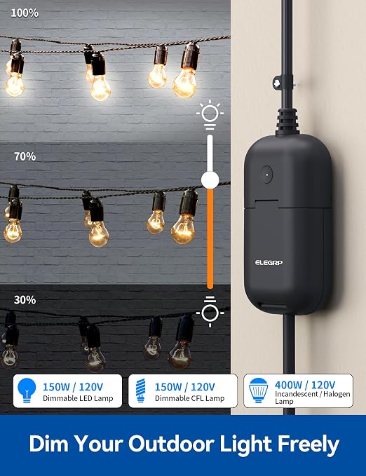 ELEGRP PQR11 Smart Outdoor Dimmer Plug Waterproof IP66, WiFi Plug Works with Alexa & Google Assistant, for String Lights, No Hub Required, UL Certified, 2 Pack, ASP001-11