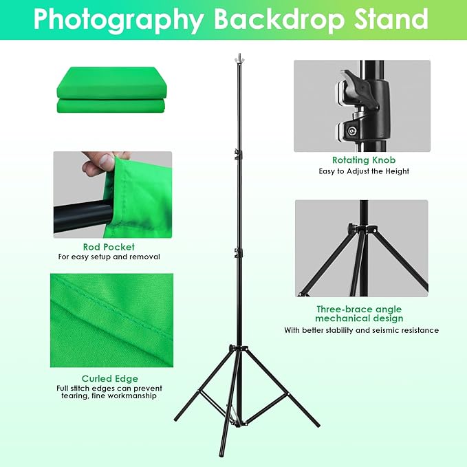 Green Screen Backdrop Kit, 10 x 6.5 Ft Portable Green Screen with T-Shaped Stand, Carrying Bag, 5 Clamps, Photography Greenscreen Background Kit for Streaming, Gaming, Zoom