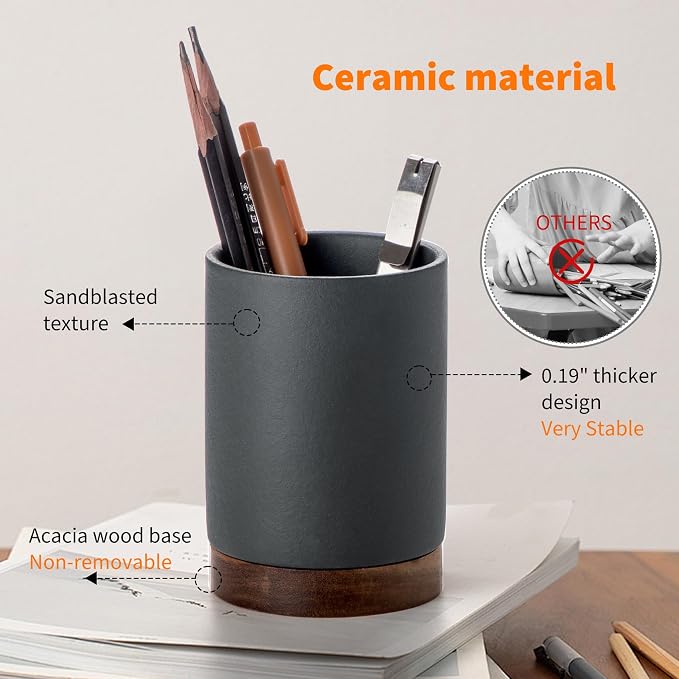 Pen Holder for Desk, Ceramic Pencil Organizer & Makeup Brush Holder, Office Decor and Desk Accessories，Perfect Office Organization,Teacher Supplies (Dark Grey, Set / 2)