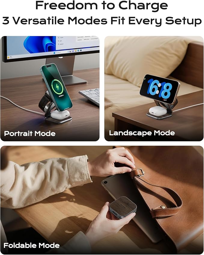 KU XIU Qi2.2 25W Magnetic Wireless Charger, Foldable 3 in 1 Travel Charging Station for iPhone 17/16/15/14/13/12, 5W for Apple Watch & AirPods, Aluminum Alloy Design, with 45W GaN Adapter, Wood Grain