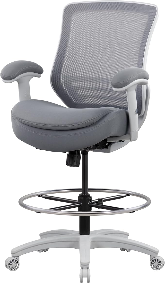 400lbs Office Drafting Chair Wide Dual Seat Cushion Height Adjustable Armrest for High Standing Desk with Lumbar Support and Enlarged Adjustable Footrest (Light Gray Frame Light Gray Fabric)