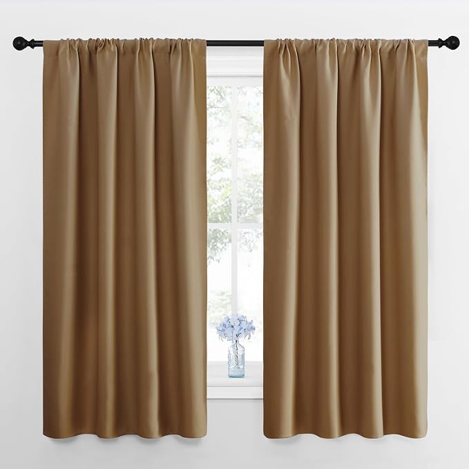 NICETOWN Kitchen Curtains, Short Blackout Drapes, Gold Brown, 34 in x 45 in (W x L), Set of 2, Thermal Insulated Rod Pocket Window Treatment Draperies for Nursery