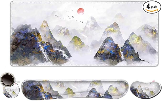 ToLuLu Extended Gaming Mouse Pad, Memory Foam Ergonomic Keyboard Mouse Wrist Rest Support Set, Large Desk Mat with Stitched Edges, Non-Slip Base Mousepad for Home Office Game Study, Ink Mountain