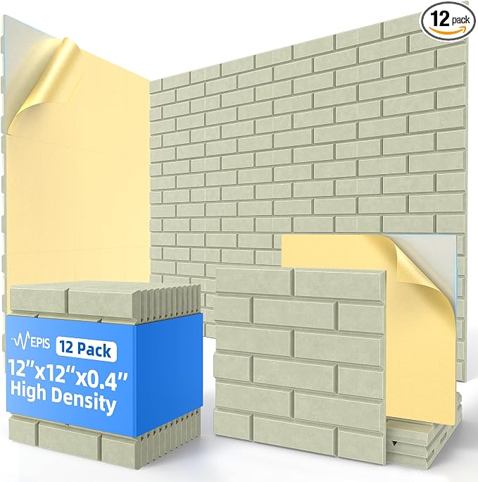12 Pack Acoustic Panels with Self Adhesive, 12" X 12" X 0.4" High Density Sound Proof Foam Panels for Walls, Soundproof Wall Panels, Brick Sound Absorbing Panels for Home Studio Office Decor - Sage
