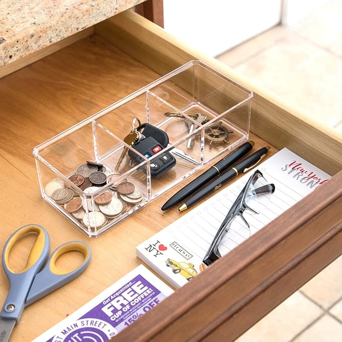 Isaac Jacobs Clear Acrylic 3 Section Organizer- Three Compartment Drawer Tray and Storage Solution for Office, Bathroom, Kitchen, Supplies, and More (Clear) | Three Compartment Drawer Tray and Storage Solution for Office, Bathroom, Kitchen, Supplies, a...