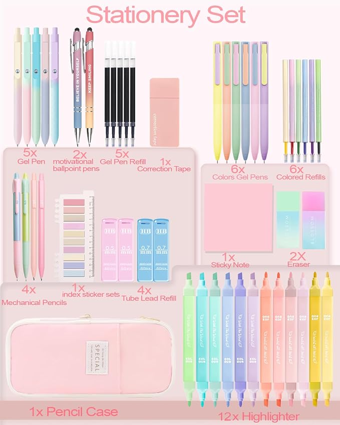 53PCS Aesthetic Office Supplies with Large Pencil Case,12 Pastel Highlighters,5 Black & 6 Color Ink Gel Pens,2 Inspirational Stylus Ballpoint Pens,4 Mechanical Pencils 0.5-0.7mm College Essentials