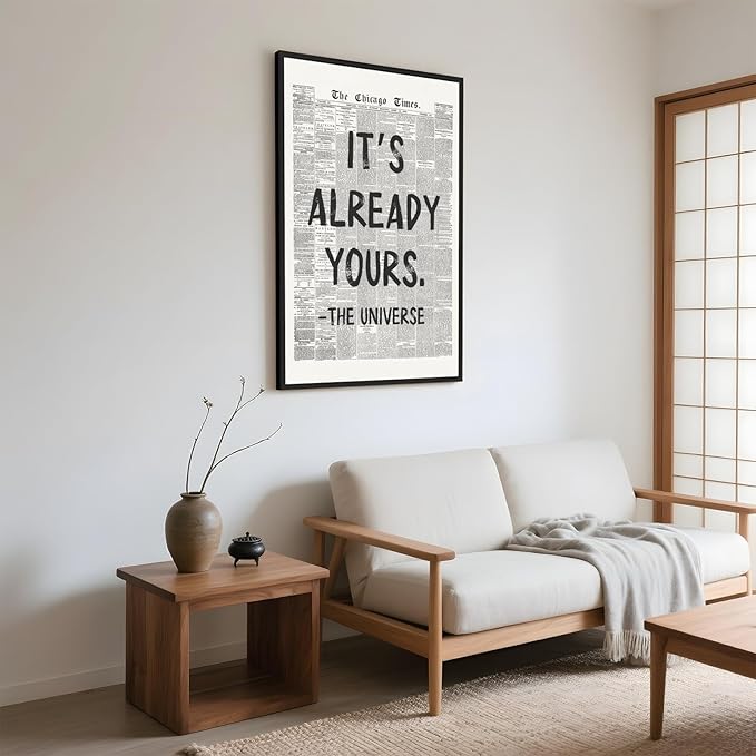 Framed Black And White Retro Newspaper Wall Art ItS Already Yours Universe Quote Poster Trendy Positive Inspirational Wall Decor for Bedroom Office Apartment Dorm Affirmation Canvas Print 8x12inch