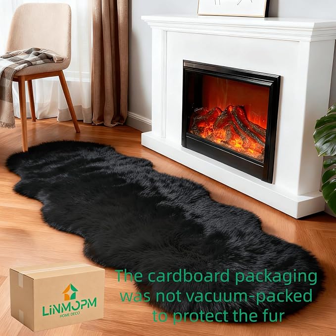 linmopm Faux Fur Rug Sheepskin Shag Fluffy Fuzzy Black 2x6 ft Runner Rugs for Bedroom Bedside Bed Floor Living Room Plush High-Density Cushion Carpet Super Sofa Cover | Shag Fluffy Fuzzy, High-Density Cushion, For Bedroom Bedside Living Room, Plush Carpet