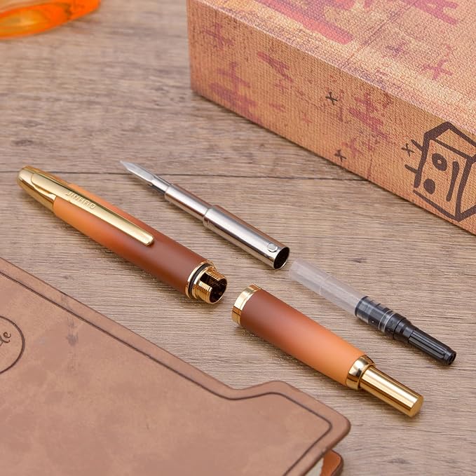 Jinhao 10 Press Fountain Pen with Box, Caramel Orange Gradient Retractable Fine Nib with Ink Converte Set (Golden Clip)
