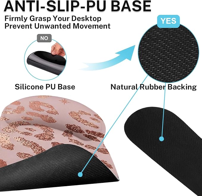 Britimes Leopard Rose Gold Pink Ergonomic Mouse Pad Set with Wrist Rest Non-Slip Rubber Base Wrist Cushion Support and Coasters Mousepad with Wrist Support for Computer Keyboard and Desk
