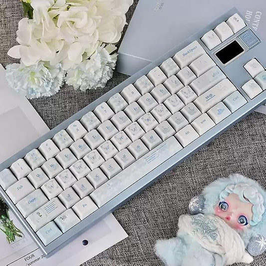 White & Blue PBT Keycaps - Cherry Profile 5-Sided Dye-Sublimation Sweet Butterfly Keycap Set 127 Keys for 60%/65%/75%/80%/100% Mechanical Keyboard