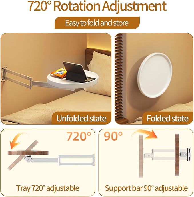 Wall Mounted Folding Round Table,11Inch Small Foldable Retractable Wooden Coffee Table Tray Fold Down Wall Desk Flip-Out Design Nightstand for Bedroom Living Room Balcony (White)