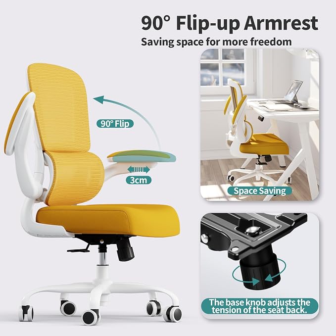 TRALT Office Chair - Ergonomic Desk Chair with Adjustable Lumbar Support, Mesh Computer Chair, Executive Chairs for Home Office Comfortable Lumbar Support (White Yellow)