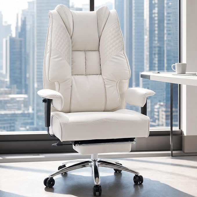 EXCEBET Big and Tall Office Chair 400lbs Wide Seat, Leather High Back Executive Office Chairs with Foot Rest, Ergonomic Lumbar Support for Lower Back Pain Relief (White)
