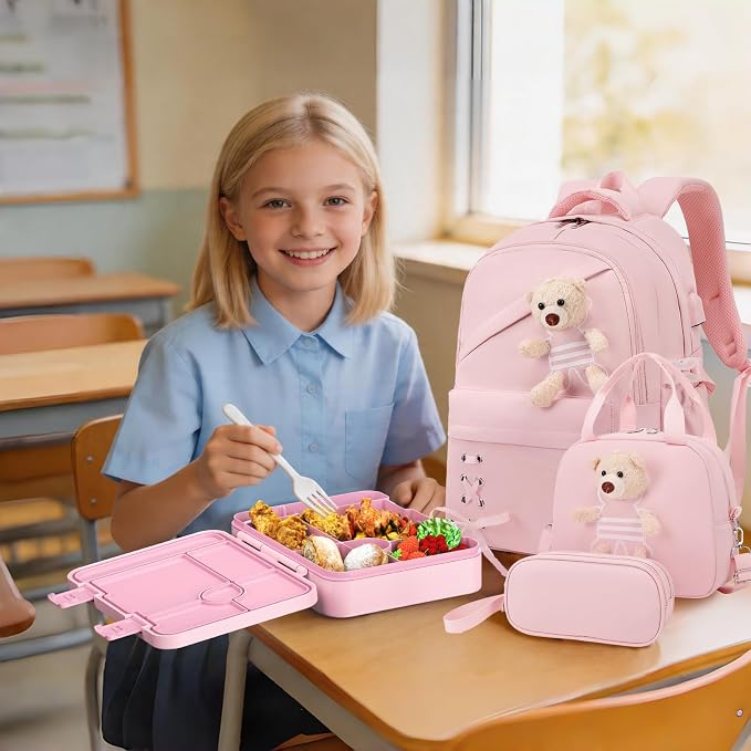 ACESAK Backpack for Girls with Bento Box - 4 PCS Cute Girls Backpack with Lunch Box, Pencil Case & Bento Box Set - 43oz Leakproof Lunch Box Kids Snack Containers Set Back to School Supplies (Pink)