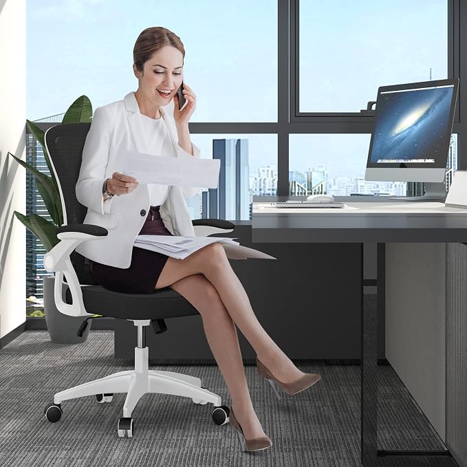 naspaluro Home Office Desk Chair Mid Back with Adjustable Height WhiteFrame | Comfy Ergonomic Chair with Flip-Up Arm and Lumbar Support, Breathable Mesh Swivel Computer Chair for Study Working Teacher