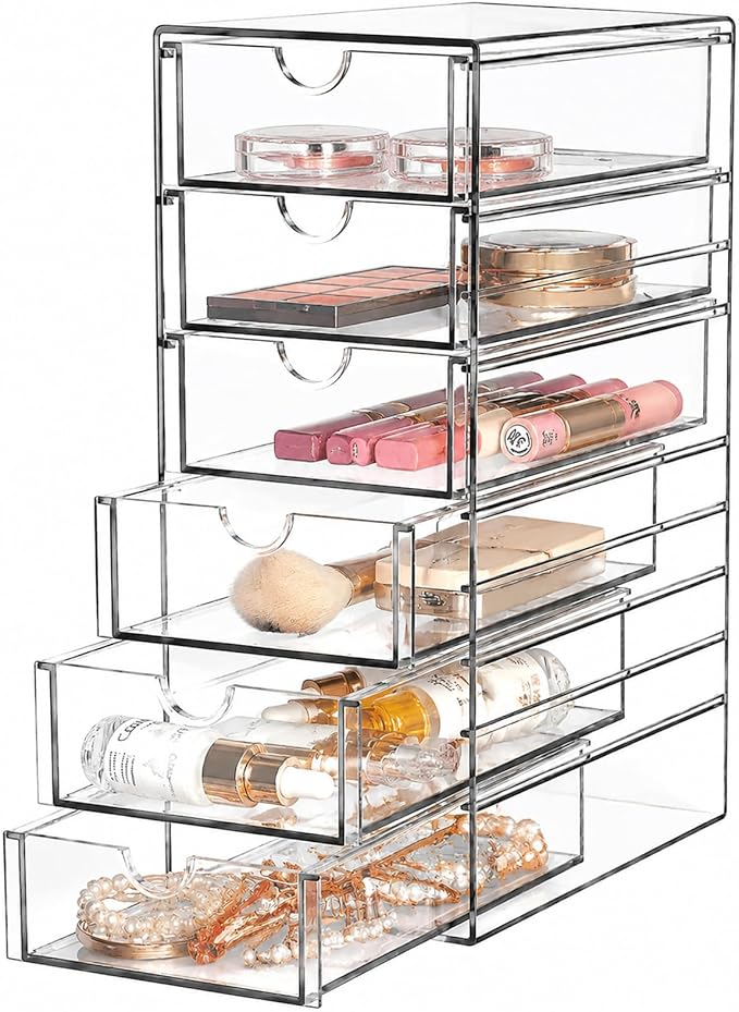 Clear Drawer Organizer, Transparent Plastic Storage Drawers, Hair Accessaries Organizer Case Display Stand, Acrylic Organizers for Organizing Eyeglass, Hair Ties, Accessories (Large - 6-Drawer)