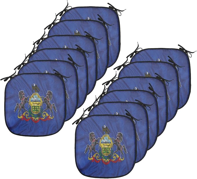 Lunarable American Chair Cushion Pads Set 12, Pennsylvania Flag Sheaves of Wheat State Coat of Arms Wavy Patriotic, Anti-Slip Seat Padding for Kitchen & Patio, 16"x16", Blue Multicolor