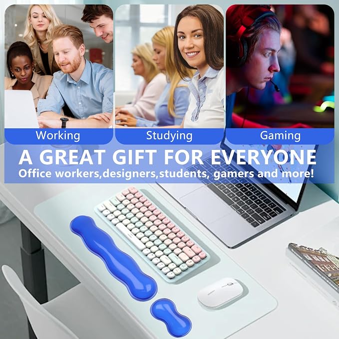 Gel Keyboard and Mouse Wrist Rest, Cute Wrist Support and Arm Support Keyboard Rest for Keyboard and Mouse Typing Pain Relief，Suitable for Office/Computer/Laptop/Gaming (Transparent Blue Set)