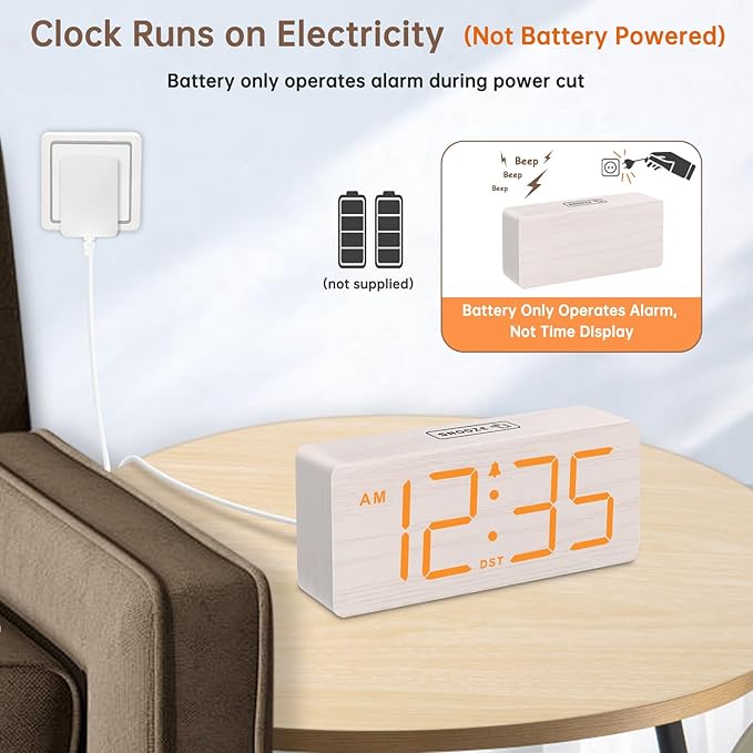 DreamSky Wooden Digital Alarm Clock for Bedroom with Large Numbers | Loud Alarm Clock for Heavy Sleepers with Volume Control, Desk Clocks for Living Room, Dimmer, DST, Wood Decor (Plug in Clock)