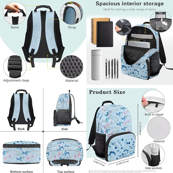 Sharks Backpack for Boys Girls Primary Middle School Bookbags Kid 3 Piece Set Back to School Supplies Kids Schoolbags with Lunch Bag and Pencil Box