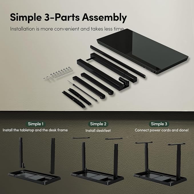 FEZIBO 48 × 24 Electric Standing Desk with Drawers, Whole-Piece Glass Adjustable Height Desk, One-Piece Quick Install Adjustable Sit Stand Desk, Black