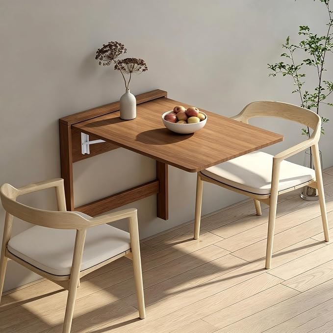 Space-Saving Wall Mounted Folding Dining Table Heavy Duty Floating Desk for Small Spaces Kitchen Laundry Room Study（Chair not Included in Product）(Walnut)