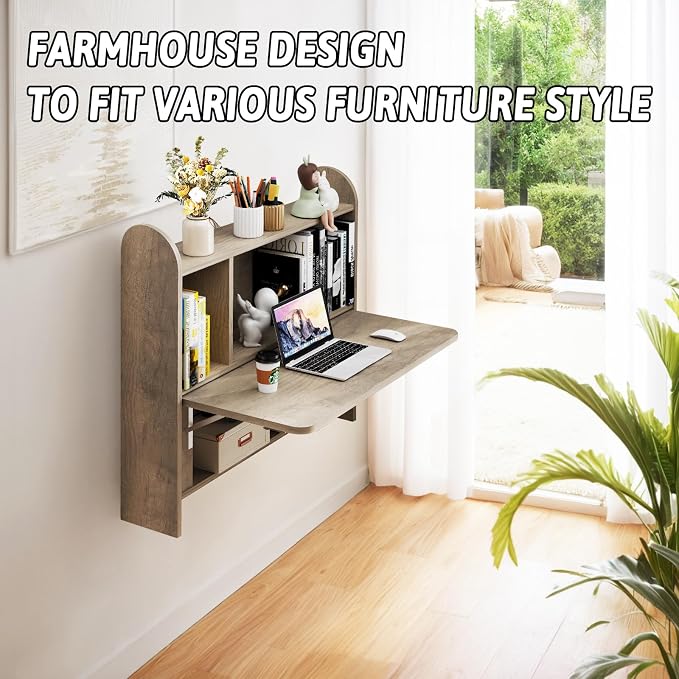 Wall Mounted Drop-Leaf Table, Floating Laptop Desk, Folding Table with Shelves, Multifunctional Computer Workstation with Storage Compartments in Home Office for Space Saving (Rustic Oak)