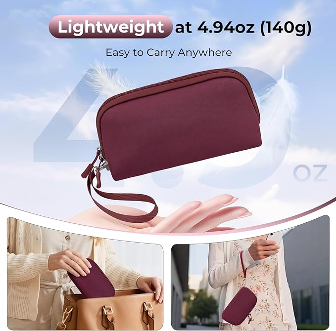 FYY Travel Cable Organizer - 8 Compartments Lightweight Water Resistant Tech Pouch with Wrist Strap, Portable Electronic Accessories Case for Cord Charger Storage for Travel Office Wine Red (Large)