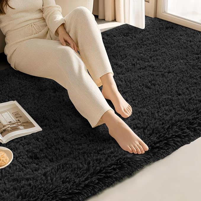 Zentavio Runner Rugs for Hallway 2x6 Shag Soft Bedroom Bedside Rugs Non Slip Fluffy Carpet for Kids Girls Boys Home Decor Aesthetic Dorm Nursery Black
