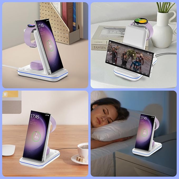Wireless Charging Station for Samsung/Android, Fast Wireless Watch Charger Station Compatible for Samsung Galaxy S25 Ultra/S24/S23+/Z Flip 7/6 Fold 7/6, Watch8/7/Pro/Active 2 Galaxy Buds3/2 Pro(White)