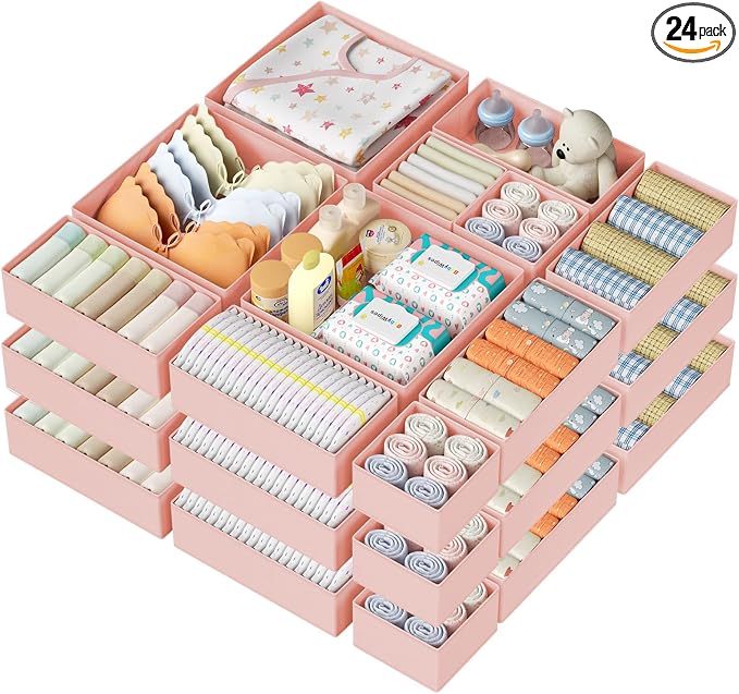 DIMJ Drawer Organizer Clothes 24Pack - Foldable Baby Organizers and Storage & Dresser Organizer for Bedroom, Closet - Nursery Organization Dresser Dividers for underwear, Sock,Bra, Belt, Tie, Pink
