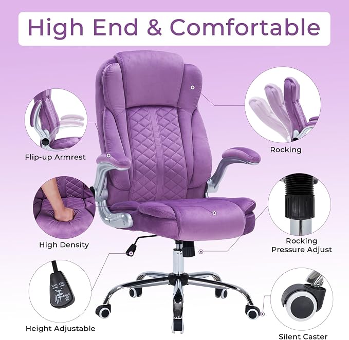 400lbs Executive Office Chair with Flip-Up Armrests, Big and Tall Computer Chair for Heavy People, Heavy Duty Ergonomic Comfy Chair, Breathable Plush Velvet(Purple)
