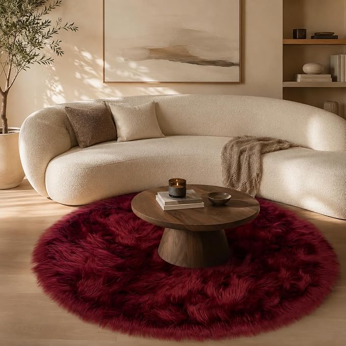 EasyJoy Faux Sheepskin Rug, Fluffy Faux Fur Rug, Ultra Soft Shag Area Rug with Non-Slip Backing for Bedroom, Living Room, Nursery, Kids Room(4 x 4 ft Round, Burgundy)