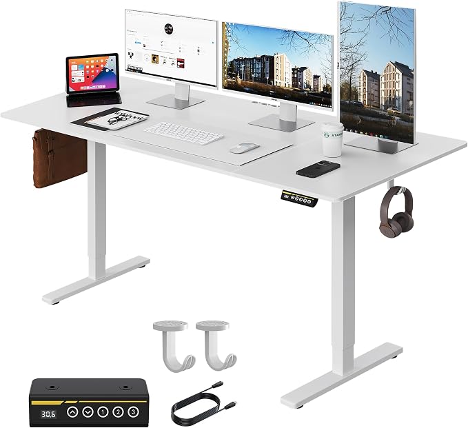 Large Electric Standing Desk,55x28 Inches Adjustable Height Stand up Desk, Sit Stand Home Office Desk, 3 Preset Heights,Equipped with Hooks,Ergonomic Computer Desk Workstation，White