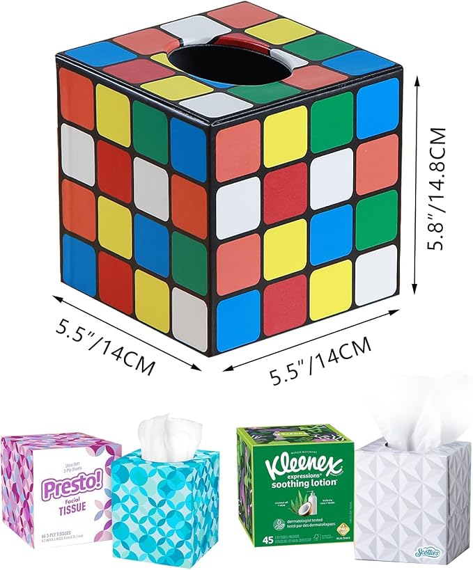 Tissue Box Holder Leather Square Facial Tissue Box Cover Pumping Paper Case Dispenser, Magic Cube Napkin Holder for Bathroom Vanity Countertops, Bedroom Dressers, Night Stands, Desks and Tables