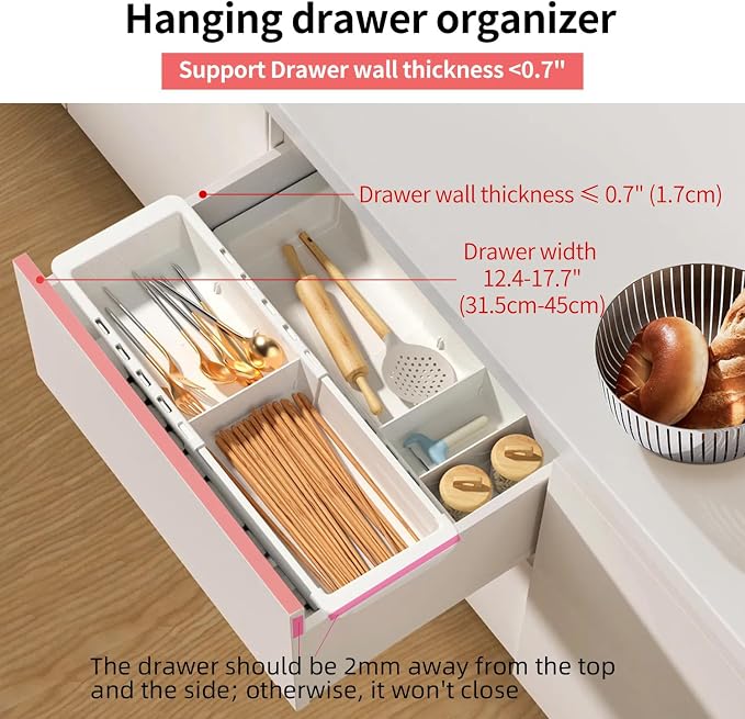 Deep 2.3" Expandable Drawer Organizer 11-18" White Plastic Tray | Expandable 11-18" Deep 2.3" PET Drawer Organizer|White Tray|Office Kitchen Bathroom|Dual-Slot Design|Durable BPA-Free