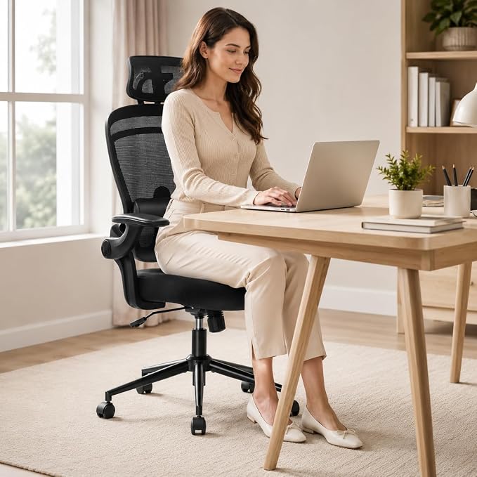 Ergonomic Office Chair, Home Office Desk Chairs with Adjustable Lumbar Support and Headrest, High Back Mesh Computer Desk Chair with 3D Flip-up Armrests & 360° Swivel Wheels, 275 LBS
