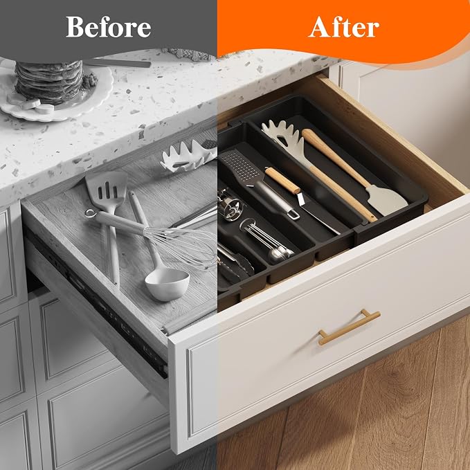 Lifewit Utensil Organizer, Adjustable Kitchen Drawer Organizer, Expandable Cooking Utensil and Cutlery Tray, Plastic Divider Holder Black 11.4-19.8" x 14.5"