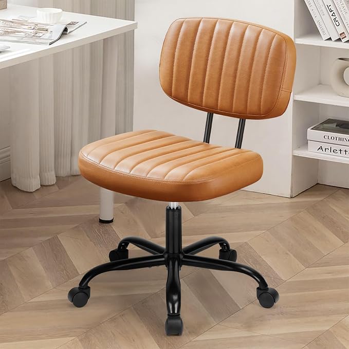 DUMOS Small Office Desk Chair, Armless Vanity Chair with Lumbar Support | PU Leather, 360° Rolling Task, Height Adjustable, Home Bedroom, Adult, Student, Brown